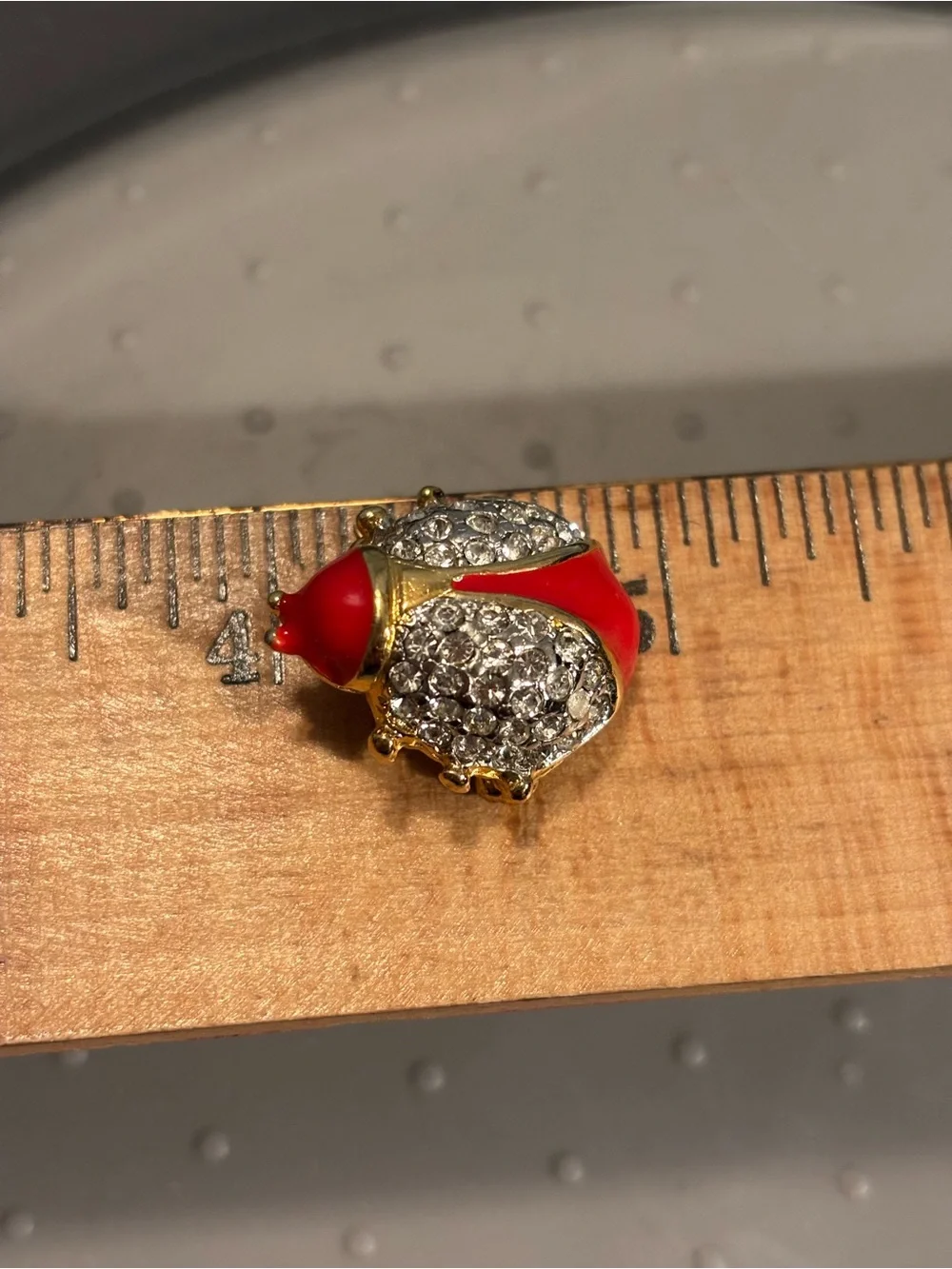Red Enamel & Crystal Ladybug Brooch - Gold Tone